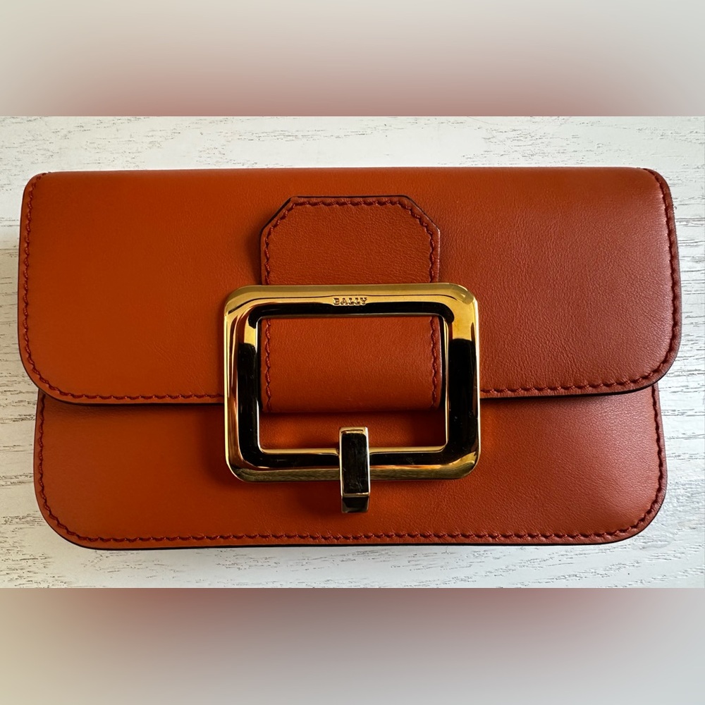 Bally - Orange Calf Leather Clutch with Gold Buckle Accent